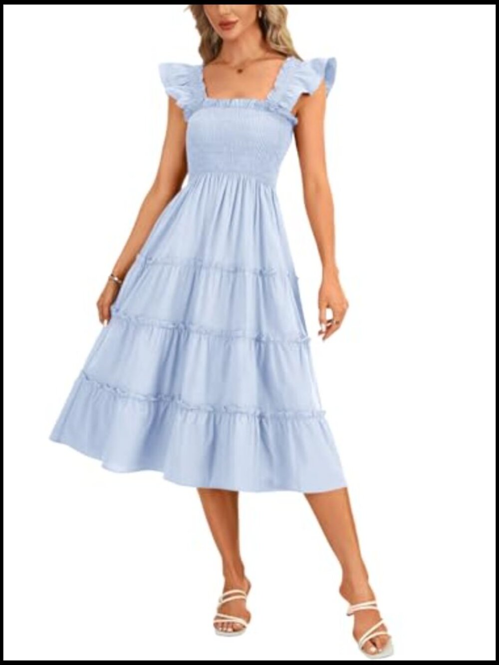 Sleeveless Smocked Square Neck A-Line Midi Sundress with Ruffle Straps - Picture 4 of 6